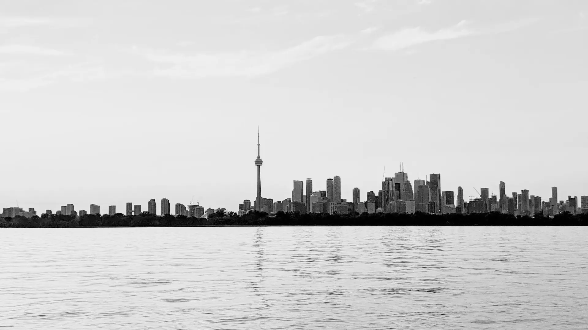 The Toronto skyline on the horizon across the lake, under a wide grey sky